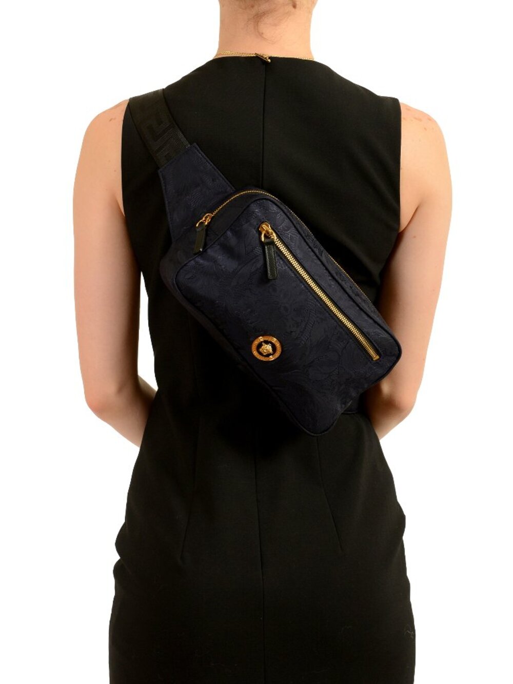 Versace Unisex Floral Print Navy Blue Gold Medusa Funny Belt Bag